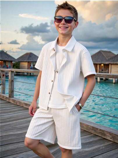 Conjunto de camisa de manga corta con cuello y pantalones cortos de unicolor, textura ondulada, transpirable y ligero para niños, primavera/verano