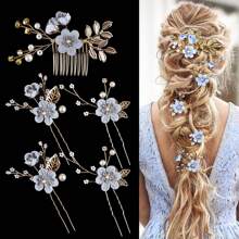 Elegant Vintage 5pcs Pearl & Rhinestone Hairpin Set - U-Shaped Bridal Hair Accessories With Handcrafted Beaded Leaf Design