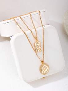 1pc Fashionable Retro Double-Layer Metal Coin Necklace - Yellow Gold - View 1