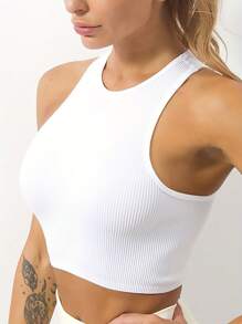 4pcs Women Multi-Color Seamless Stripe Short Crop Top, Crew Neck Sleeveless Casual Moisture Wicking Active Tank Top, Ladies Clothing