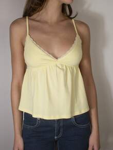 Women's Crop Tank Top Babydoll Deep V Neck Backless Summer Slim Fit Flowy Cami Tops - Màu vàng - Xem 1