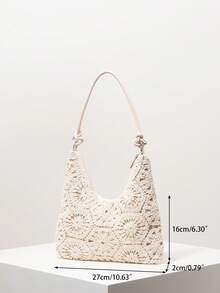 花卉镂空钩针编织单肩包、沙滩包、度假包、钩针套装、女士优雅包包、度假必备品、旅行必备品（图案随机） - 杏色 - 查看 6