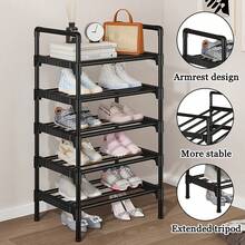 1pc Multilayer Simple Shoe Rack, Multi-Functional Shoe Organizer, Space-Saving Storage Shelf, Reinforced Metal Pipe, Elongated Plastic Brackets, Suitable For Entrance, Closet, Hallway, Bedroom, Garage - Black - View 5