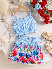 Bộ trang phục mùa hè 2 chiếc áo hai dây sọc xanh và quần short họa tiết hoa cho bé gái - Màu xanh lam - Xem 1