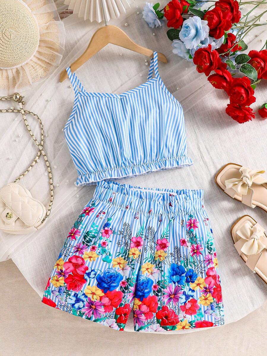 Bộ trang phục mùa hè 2 chiếc áo hai dây sọc xanh và quần short họa tiết hoa cho bé gái - Màu xanh lam - Xem 1