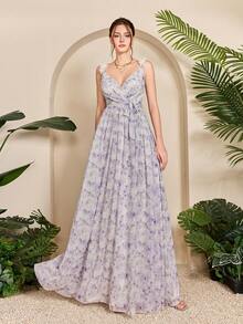 Mgiacy,New Arrival,V Neck,Tank,Printed,Elegant,Bridesmaid Dress,3D Floral,Ruffle,Chiffon,Long Dress - Mauve Purple - View 3