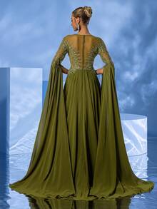 DELLA COUTURE Green Round-Neck Evening Gown Floating Elegance With Beaded Embellishments For Parties, Proms, Weddings, And Other Formal Occasions Full-Skirted Long Cocktail Dress - Green - View 4
