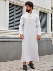 Middle Eastern Arab Men's Traditional Robe With Pockets, Stand-Up Collar And Long Sleeves, Elegant Wear