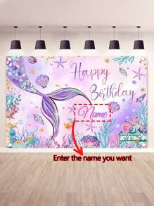 1pc Customizable Name Personalized Underwater Park Birthday Party Backdrop, Purple Mermaid Tail Polyester Banner, No Electricity Required, Indoor And Outdoor Decor, Mermaid Themed Celebration, Photo Booth Photography Backdrops, Home Decor, , Three Sizes Available