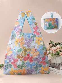 1pc Floral Print Tote Bag, Reusable Grocery Shopping Bag, Large Capacity, Multipurpose, Sturdy And Durable - Multicolor - View 12