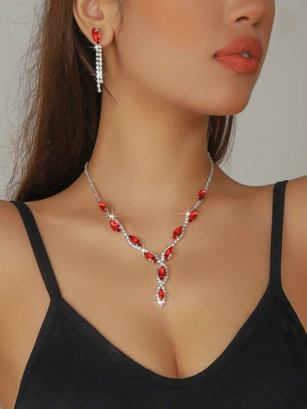 3pcs/Set Elegant Pink Crystal Pendant Necklace, Tassel Earrings Jewelry Set, Wedding/Birthday/Party Gift For Women