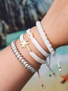 4 szt./5 szt. Bohemian Zinc Alloy Resin Shell & Faux Pearl CCB Ocean Elements Palm Tree, Wave, Turtle, Sunflower, Lucky Clover Tassel Handmade Woven Bracelet Set, Odpowiedni dla kobiet, do codziennego noszenia, letni prezent na wakacje na plaży