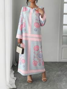 Solessence 奢华阿拉伯风格长袍，宽松圆领长袖，轻盈透气，优雅休闲度假长袍，传统阿拉伯服装，节日礼服 - 藍色 - 查看 5