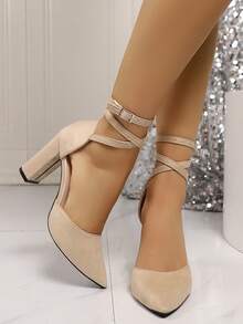 Sandalias de tacón alto con punta puntiaguda para oficina para mujer, nuevas sandalias de tacón grueso con cordones de primavera, sandalias de tacón medio con correa para verano - Albaricoque - Ver 2