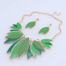 华丽紫色叶子造型项链耳环套装 - 珐琅水晶首饰套装，女士时尚派对首饰