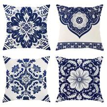 4 Peças, Capas de Almofada Estampa Floral Botânica Azul Marinho e Branca de Poliéster, Capas de Almofada Clássicas Vintage Boêmias, Capas de Almofada Decorativas 45*45 cm/17,71"x17,71", Adequadas para Decoração de Sala de Estar, Quarto, Sofá, Cama