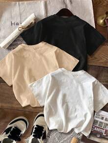 3件装加大码女式字母印花T恤，夏季短袖圆领休闲T恤，女式上衣 - 彩色 - 查看 2