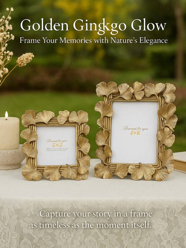 Gold Ginkgo Leaf Photo Display – Romantic Floral Keepsake For 4x6 & 5x5 Photos, Ideal Wedding Gift For Bride & Groom