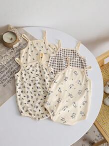 MommBaby Conjunto de 4 piezas de ropa para bebé niña - Mono estampado a cuadros, floral diminuto, estampado de dibujos animados y conjunto de camisola, ropa informal para recién nacidos y bebés