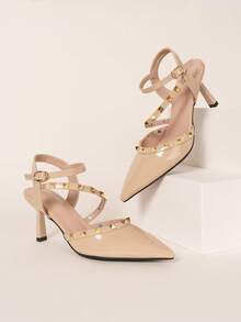 Women's High Heels - French Pointed Toe High Heels With Studs And T-Strap, Versatile Pumps For Spring & Autumn - Apricot - View 4