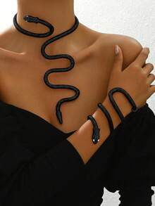 2pcs Metal Punk Hip Hop Snake Bracelet And Necklace Set, Creative New Design For Autumn/Winter - Black - View 2