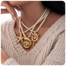 1pc Fashionable Luxury 18K Gold Stainless Steel Sea Conch, Starfish And Sun Pendant Necklace, Versatile Accessory For Women
