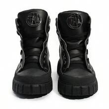 Fall/Winter 2025 Black Solid Color Platform Sneakers With Lace-Up, Silver Zippers, Metal Decor, High-Top, Casual, Fashion, Versatile, All Season, Outdoor, Motorcycle Short Boots, European And American Style - Black - View 7