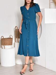 Short Sleeve Midi Dress With Sash To Tie With Functional Buttons Modest Evangelical Fashion - 水鴨藍 - 查看 1