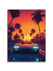 1/3 piezas, marco opcional, pintura de alta calidad, estilo moderno, coche deportivo, ilustración, puesta de sol, vacaciones, árbol de coco, puesta de sol, amantes de los coches, póster de arte de pared, decoración del hogar, adecuado para sala de estar, sofá, dormitorio, pasillo, baño, oficina, regalo de arte perfecto, embalaje de tubería rígida de PVC