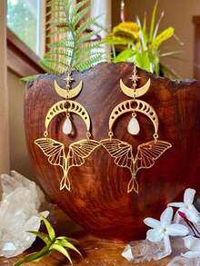 2 件波西米亚时尚铜天然石多色空心蛾、星星、月亮吊坠耳环，适合女性、日常和派对佩戴的礼物 - 彩色 - 查看 5