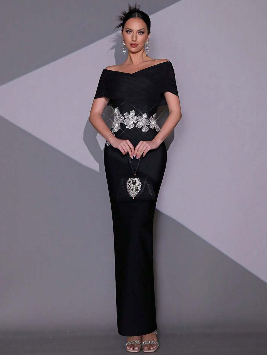 New Black Handmade Beaded & Rhinestone 3D Floral Off-Shoulder Fitted Long Bandage Dress, Elegant For Wedding Guest, Holiday Party, Formal Evening Gown