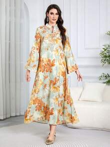 SISKAKIA Fashionable Muslim Dress For Women, Leaf & Floral Print Woven Fabric, V-Neck Embroidery Elegant Chic Moroccan Kaftan, Suitable For Holiday, Wedding, Birthday Party, Date, Formal Evening, Travel, Beach - Yellow - View 2