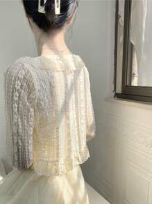 1pc Summer Lace Thin Short Cover Up, Tie Waist Hollow Out Beach Cover Up Vest To Pair With Dresses