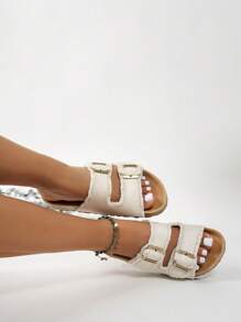 Sandalias de playa cómodas y planas, de suela gruesa, con hebilla metálica casual, de moda y versátiles, con punta abierta y suela antideslizante, nuevas para el verano