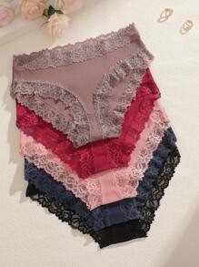 Set de 5 bragas de ropa interior femenina con encaje y diseño minimalista, de bajo corte, respirables y cómodas con estilo romántico francés