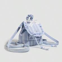 Blue Lace Plaid School Backpack For Female College Student, Sweet Ruffle Trim Bookbag For High School Girl, Suitable For Young Ladies Going Out And Commuting - Multicolor - View 5