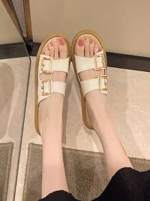 2025 Summer New Retro Thick Sole Fashion Buckle Strap Slide Sandals, Women Casual Slip-On Non-Slip Beach Sandals, Soft Sole Versatile Flat Sandals