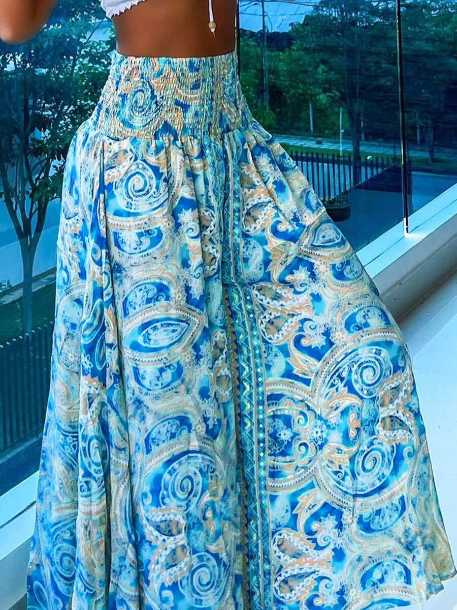 Quần ống rộng họa tiết Paisley phong cách thường ngày dành cho nữ, thích hợp cho kỳ nghỉ xuân. - Màu xanh lam - Xem 1