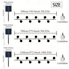 Solar Light String With Crystal Ball Design - Energy Saving Outdoor Garden Decor String Lights, 20/50/100 LED Lights With Multiple Components, Semi-Recessed Installation, Button Control, Detachable Fixtures, Recessed, Plastic Lampshade, Rechargeable Ni-Cad Battery - Ideal For Wedding, Party, Courtyard, Garden, Christmas And Halloween Celebrations