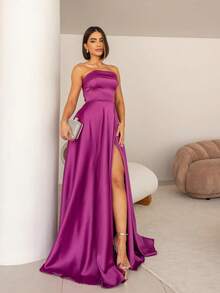 Long Party Dress With Slit Strapless Pocket Flared Bridesmaid Elegant Event Prom Civil Wedding - Rosa Roja - Ver 2