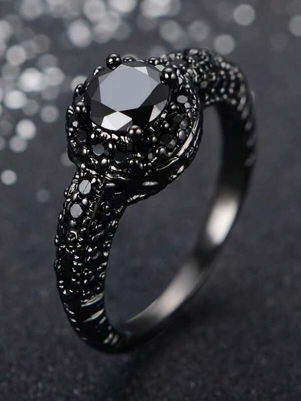 1pc Black Plated Micro-Inlaid Zirconia Stone Ring, Suitable For Daily Wear