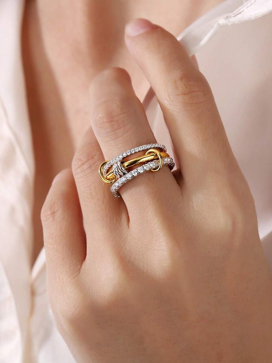 1pc 925 Sterling Silver Fashion Hip-Hop Style Interlocking Stackable Ring - Suitable For Daily Wear And Party Outfits, Also Makes A Great Gift