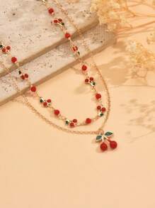 2pcs/Set Romantic Copper Glaze Cherry Pendant Necklace, Sweet & Fashionable Gold Jewelry For Women, Suitable For Daily Wear, Beach, Date, Party, Handmade Random Quantity Cherry Arrangement