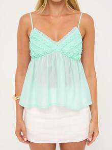 Women's Summer Crop Camisole Sleeveless Open Back V Neck Ruffle Trim Mesh Tank Tops - 綠色 - 查看 3