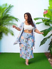 Floral Print Summer Set With Kimono Over All Long Sleeves And Loose Wide Leg Pants With Pocket REF: 253-42 - 列印 42 - 查看 8
