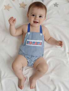 Baby Boy 4th Of July Overalls American Flag Embroidery Stripe Print Sleeveless Back Cross Romper - 藍色 - 查看 3