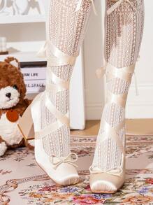 Talons hauts à bout carré style ballet Lolita, chaussures de style français à bride croisée Babies avec nœud en satin de couleur unie, chaussures de mode Y2K en PU pour l'extérieur, convenant pour toutes les saisons