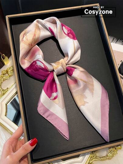 1 pieza Pañuelo de seda sintética estampado para mujer, accesorio de moda versátil para primavera/verano, diadema, bufanda para el cuello para vestir