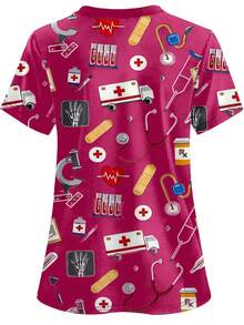 Plus Size Women V-Neck Short Sleeve Uniform T-Shirt Top With Pockets (Random Print) Spring - Hot Pink - View 2