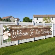 1pc Rustic Wooden Welcome To Our Wedding Banner, Polyester, Indoor & Outdoor Decor, Multi-Purpose, Festive Garden & Lawn Decoration, No Power Needed Party Banner